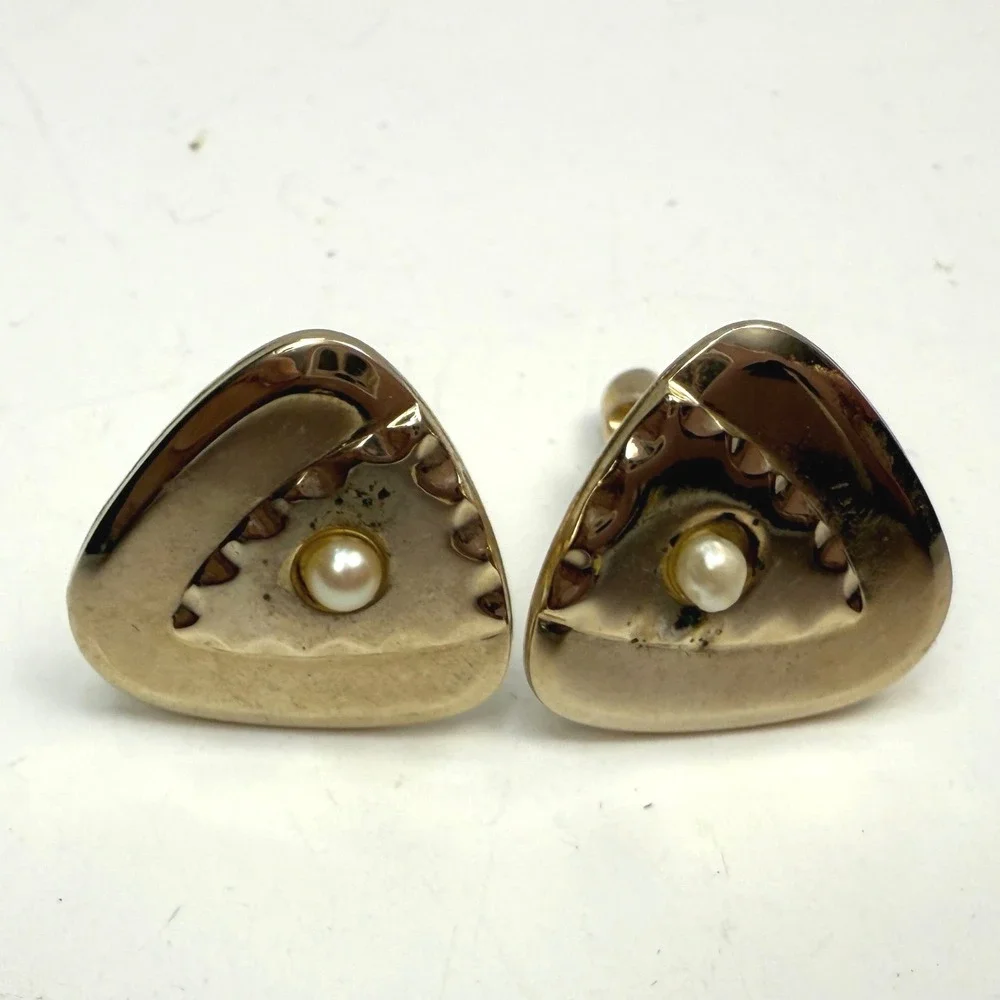 Vtg Mens Triangle Faux Pearl Accent Cufflinks Gold Tone Classic Jewelry 1 in
